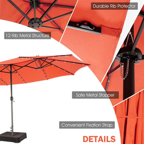 15 FT Outdoor Double-Sided Patio Umbrella with 48 Solar LED Lights and Umbrella Base