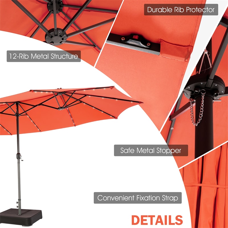 15 FT Outdoor Double-Sided Patio Umbrella with 48 Solar LED Lights and Umbrella Base
