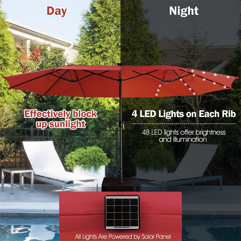 15 FT Outdoor Double-Sided Patio Umbrella with 48 Solar LED Lights and Umbrella Base