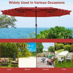 15 FT Outdoor Double-Sided Patio Umbrella with 48 Solar LED Lights and Umbrella Base