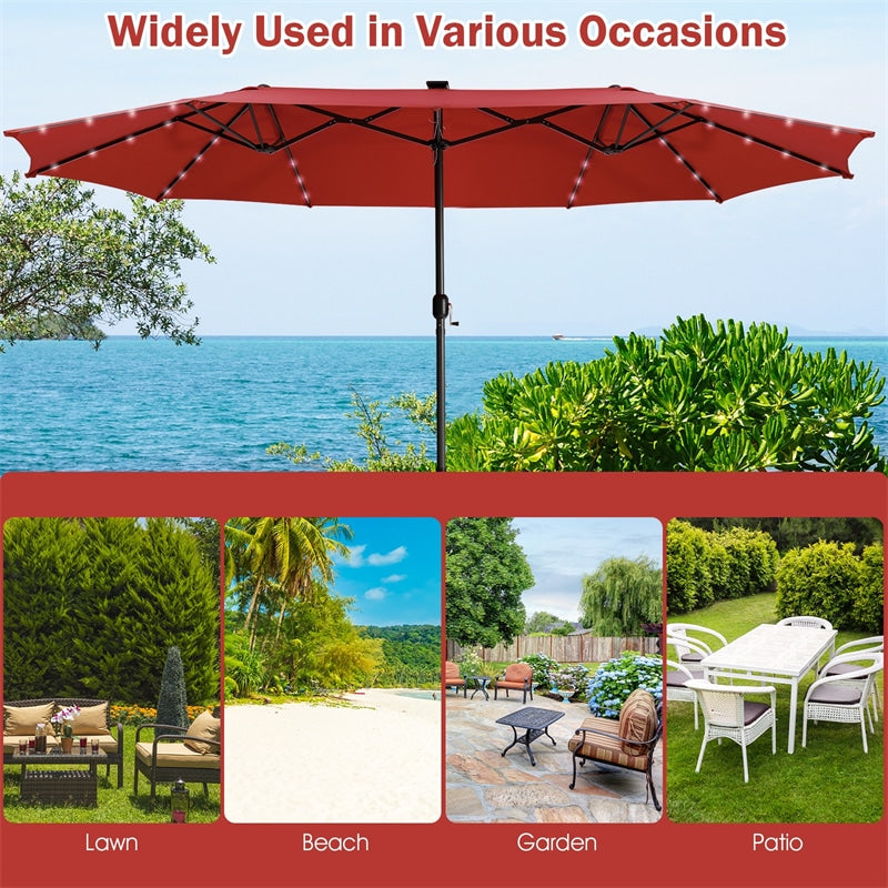 15 FT Outdoor Double-Sided Patio Umbrella with 48 Solar LED Lights and Umbrella Base