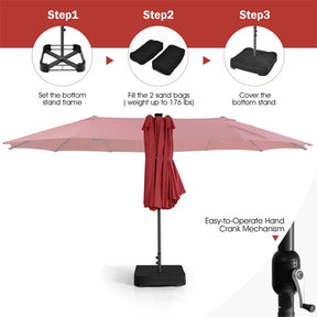 15 FT Outdoor Double-Sided Patio Umbrella with 48 Solar LED Lights and Umbrella Base