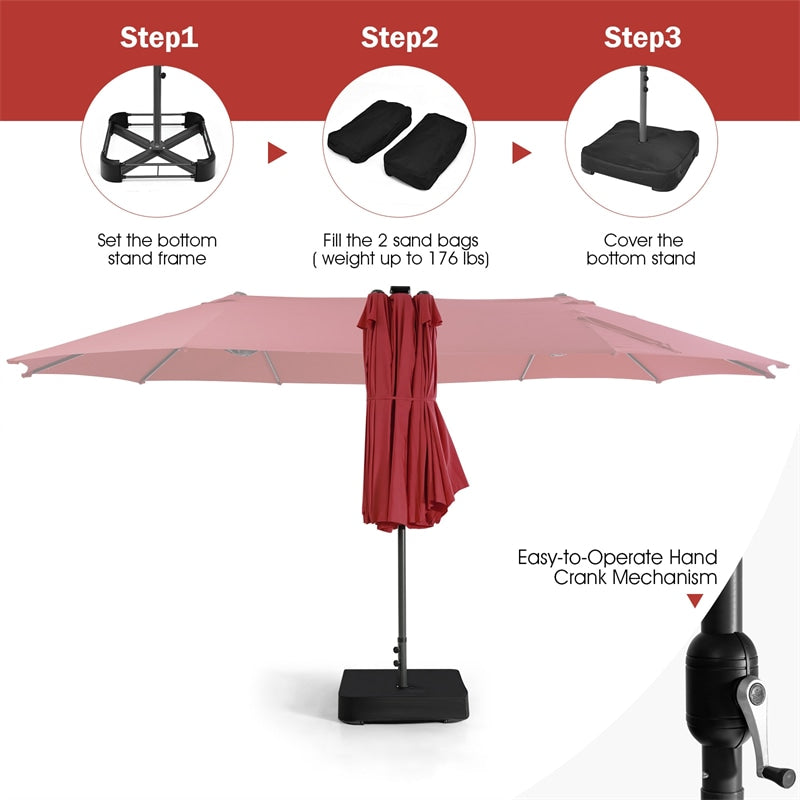 15 FT Outdoor Double-Sided Patio Umbrella with 48 Solar LED Lights and Umbrella Base