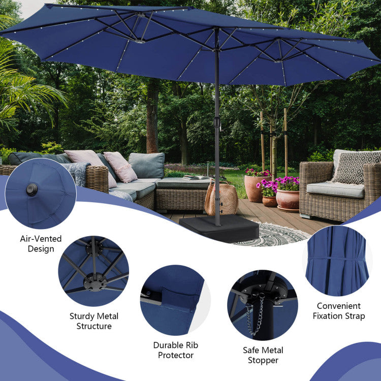 15 FT Outdoor Double-Sided Patio Umbrella with 48 Solar LED Lights and Umbrella Base