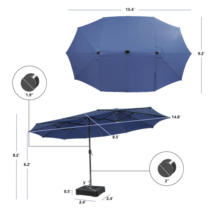 15 FT Outdoor Double-Sided Patio Umbrella with 48 Solar LED Lights and Umbrella Base