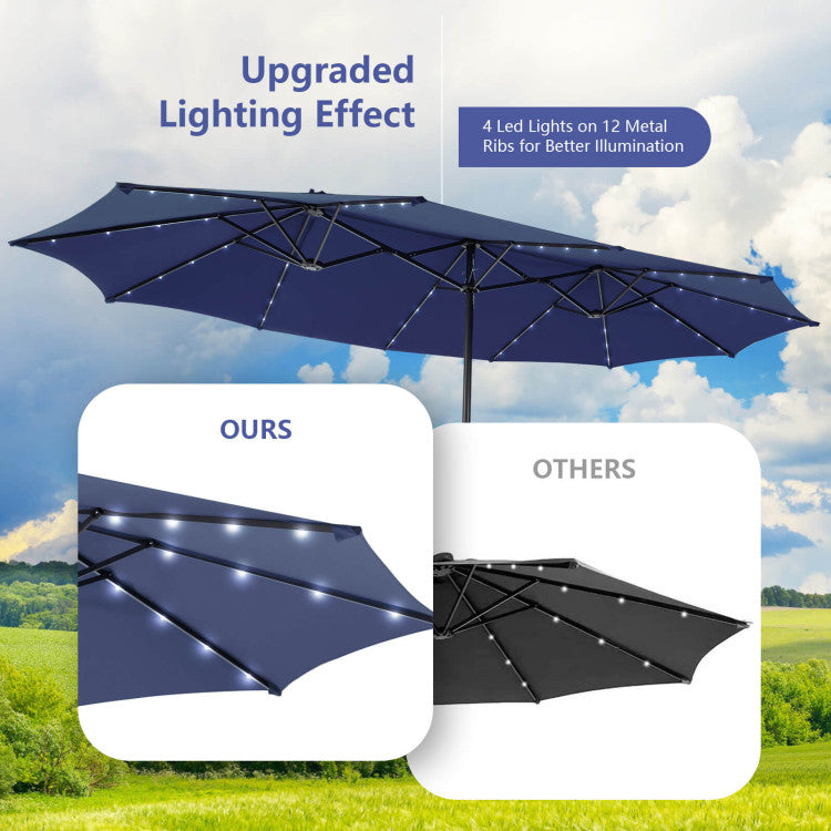 15 FT Outdoor Double-Sided Patio Umbrella with 48 Solar LED Lights and Umbrella Base