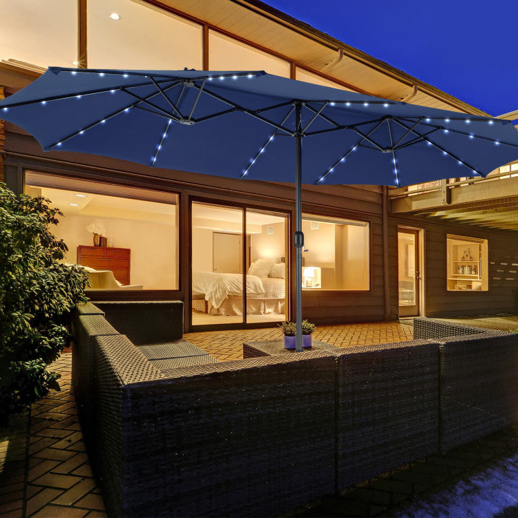 15 FT Outdoor Double-Sided Patio Umbrella with 48 Solar LED Lights and Umbrella Base