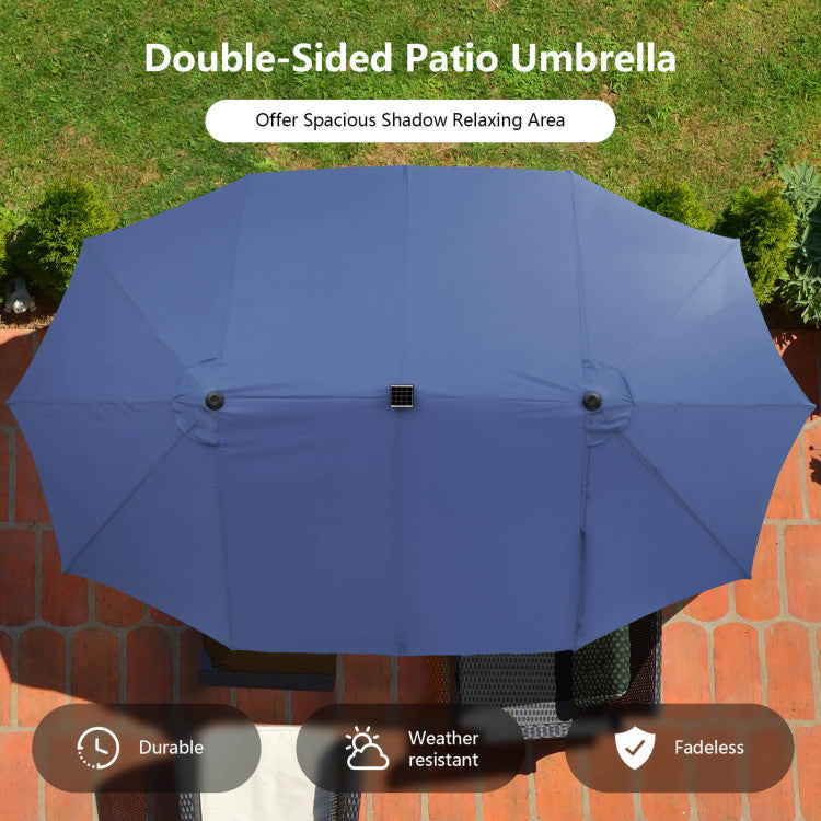15 FT Outdoor Double-Sided Patio Umbrella with 48 Solar LED Lights and Umbrella Base