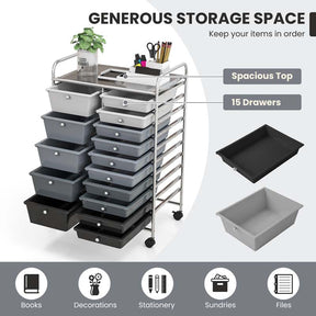 15-Drawer Storage Drawer Cart Tools Scrapbook Paper Organizer Cart Office School Utility Cart Rolling Storage Cart with Wheels