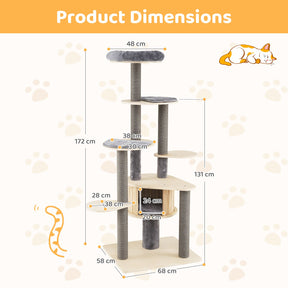 172 CM Cat Tree Multi-level Cat Tower w/Comfy Padded Top Perch & Detachable Mats
