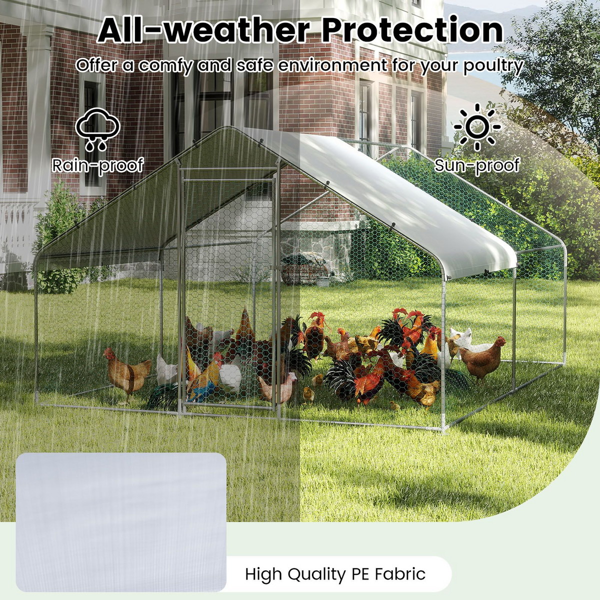 Large Chicken Coop, Walk-in Poultry Cage w/ Waterproof Canopy