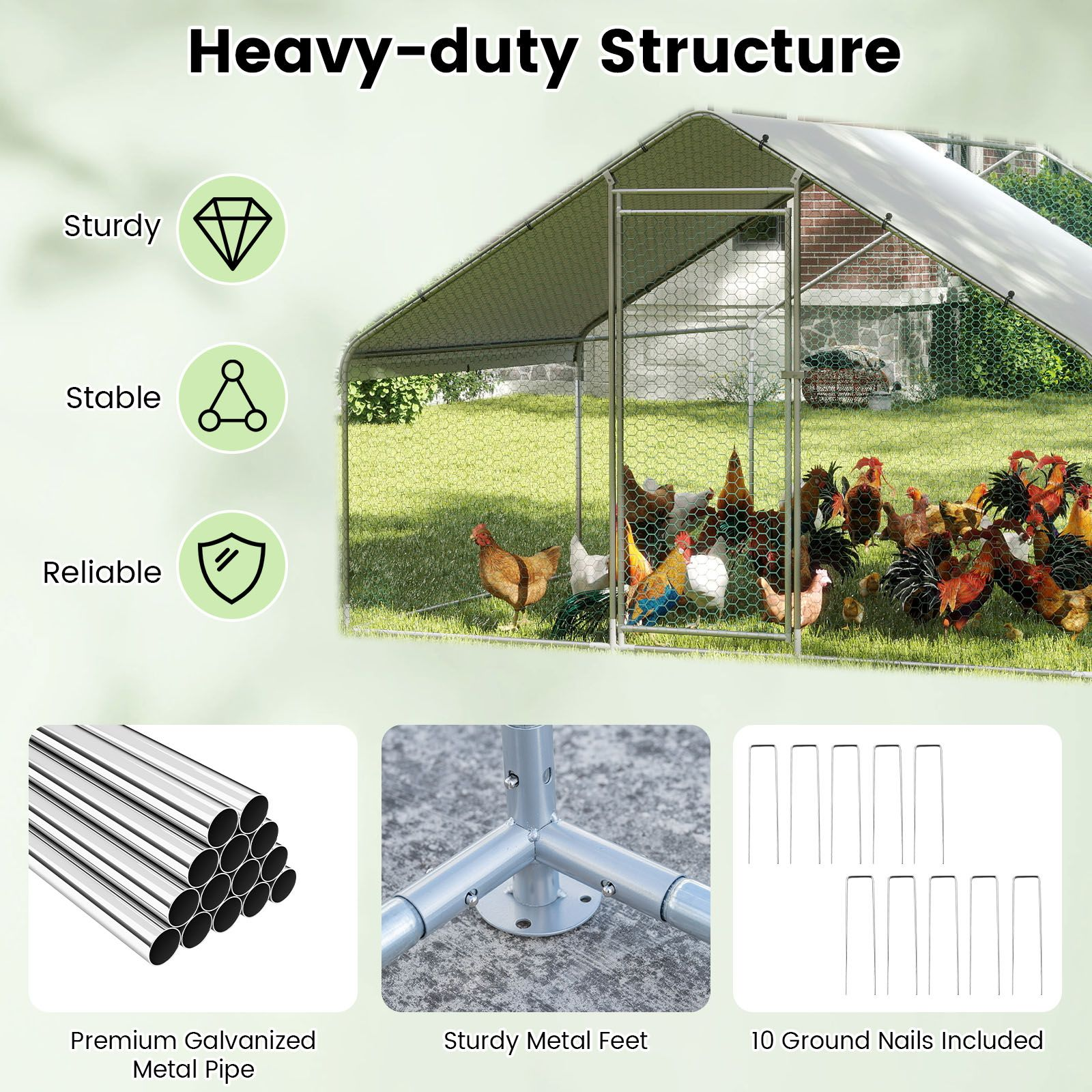 Large Chicken Coop, Walk-in Poultry Cage w/ Waterproof Canopy