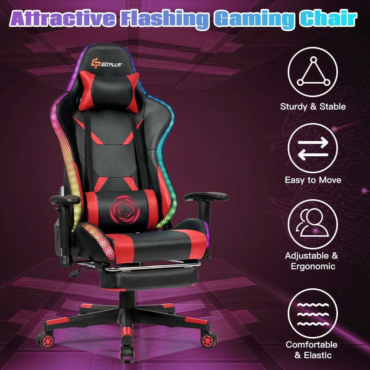 Ergonomic High Back Massage Gaming Chair with Light and Handrails