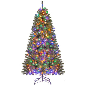180/210 CM Pre-Lit Artificial Christmas Tree with Multicolored LED Lights and Foldable Metal Stand