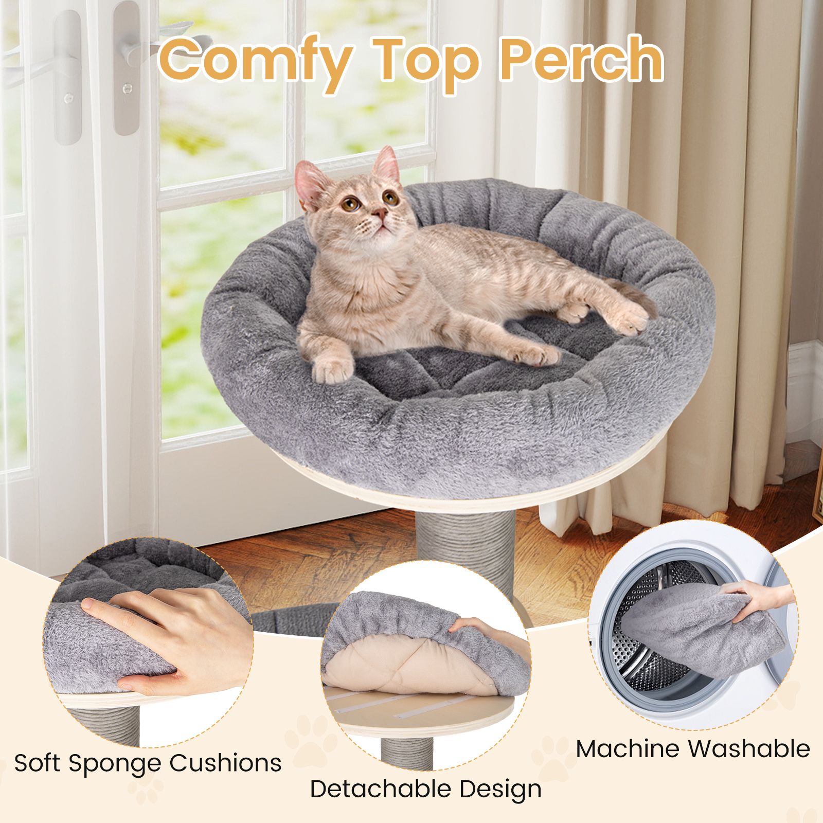 197 CM Cat Tree Multi-level Cat Tower w/Comfy Padded Top Perch & Detachable Mats