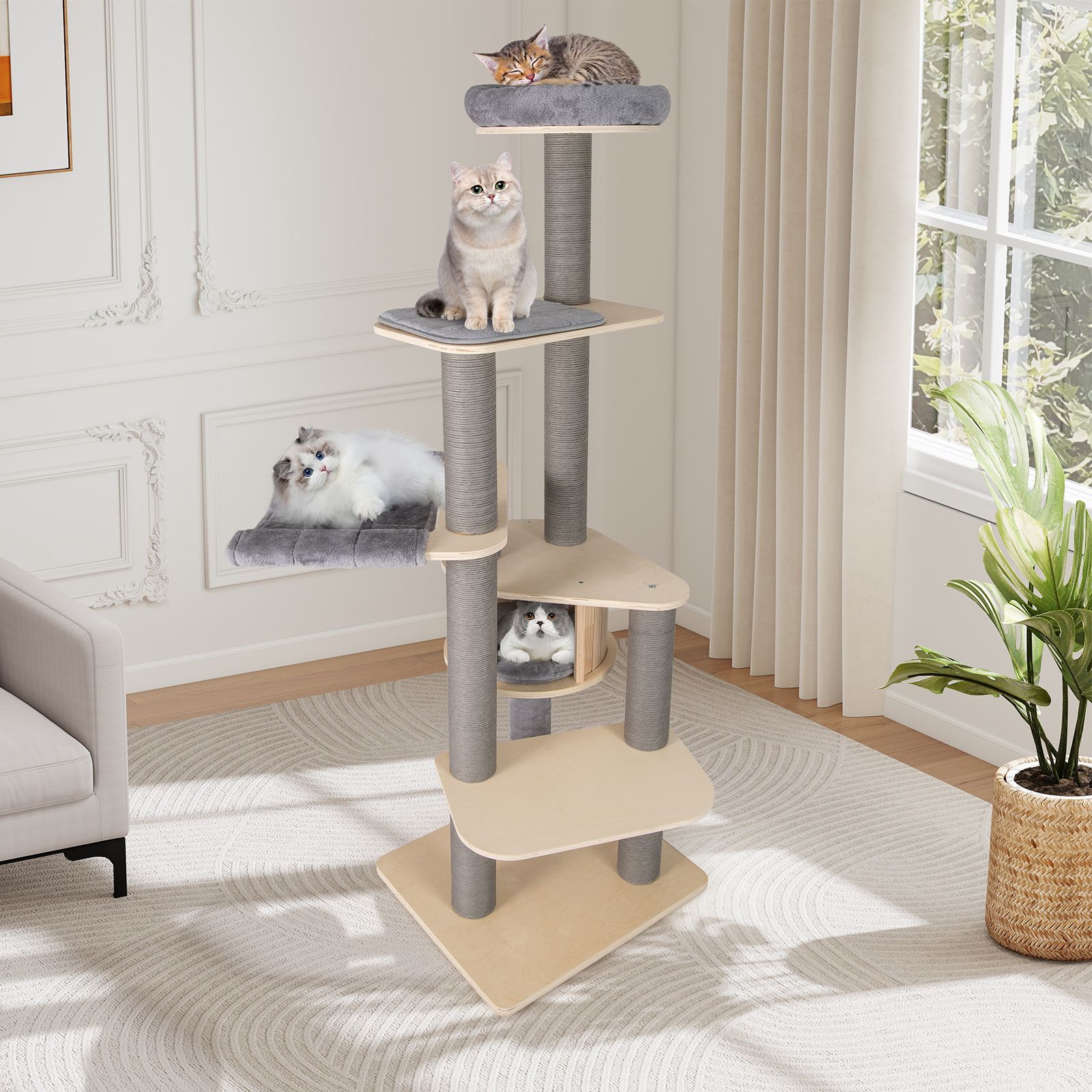 197 CM Cat Tree Multi-level Cat Tower w/Comfy Padded Top Perch & Detachable Mats