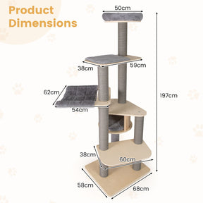 197 CM Cat Tree Multi-level Cat Tower w/Comfy Padded Top Perch & Detachable Mats