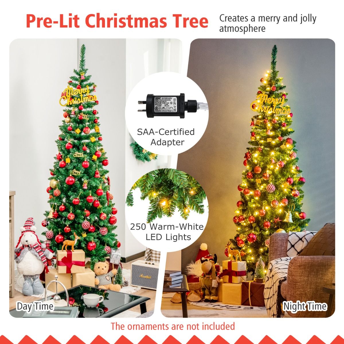 135cm/198cm Full Christmas Decoration Artificial Pencil Tree with 226/708 PVC Branch Tips