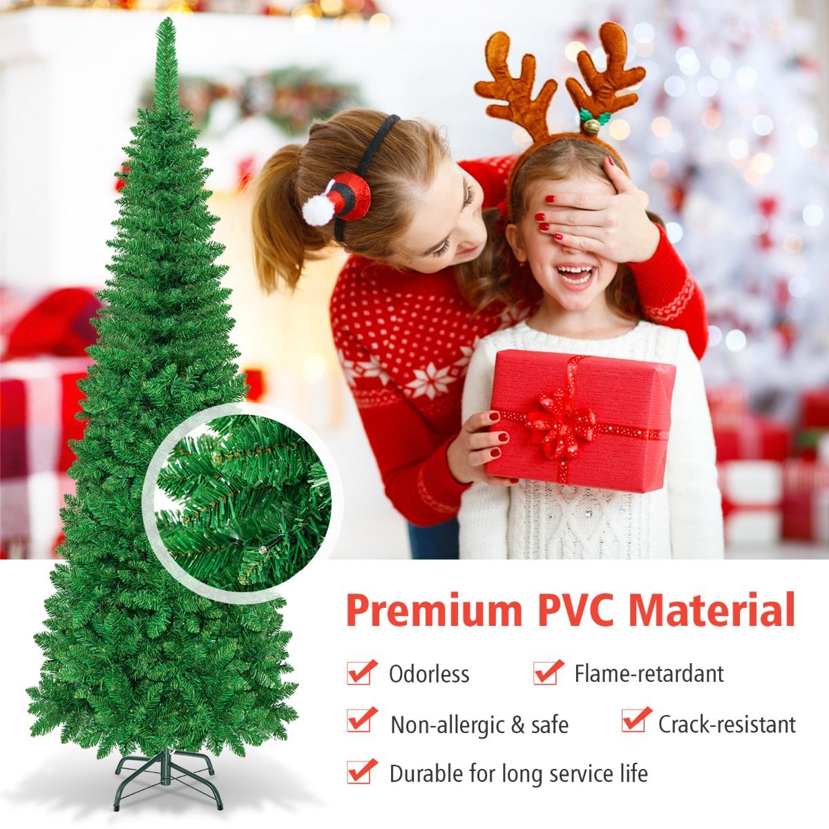 135cm/198cm Full Christmas Decoration Artificial Pencil Tree with 226/708 PVC Branch Tips