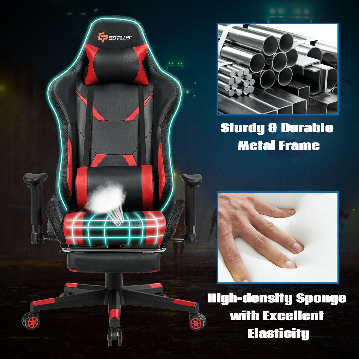 Ergonomic High Back Massage Gaming Chair with Light and Handrails