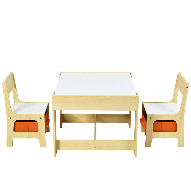 Kids Table & Chairs Set, 3-in-1 Wooden Toddler Activity Table with Storage, Reversible Tabletop & Blackboard for Art Craft, Drawing, Playroom