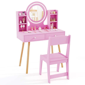 Wooden Kids Vanity Set, Princess Dressing Table and Chair Set with 2-Color Front Lit Mirror