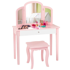 Kids Princess Make Up Dressing Table with Tri-folding Mirror and Chair