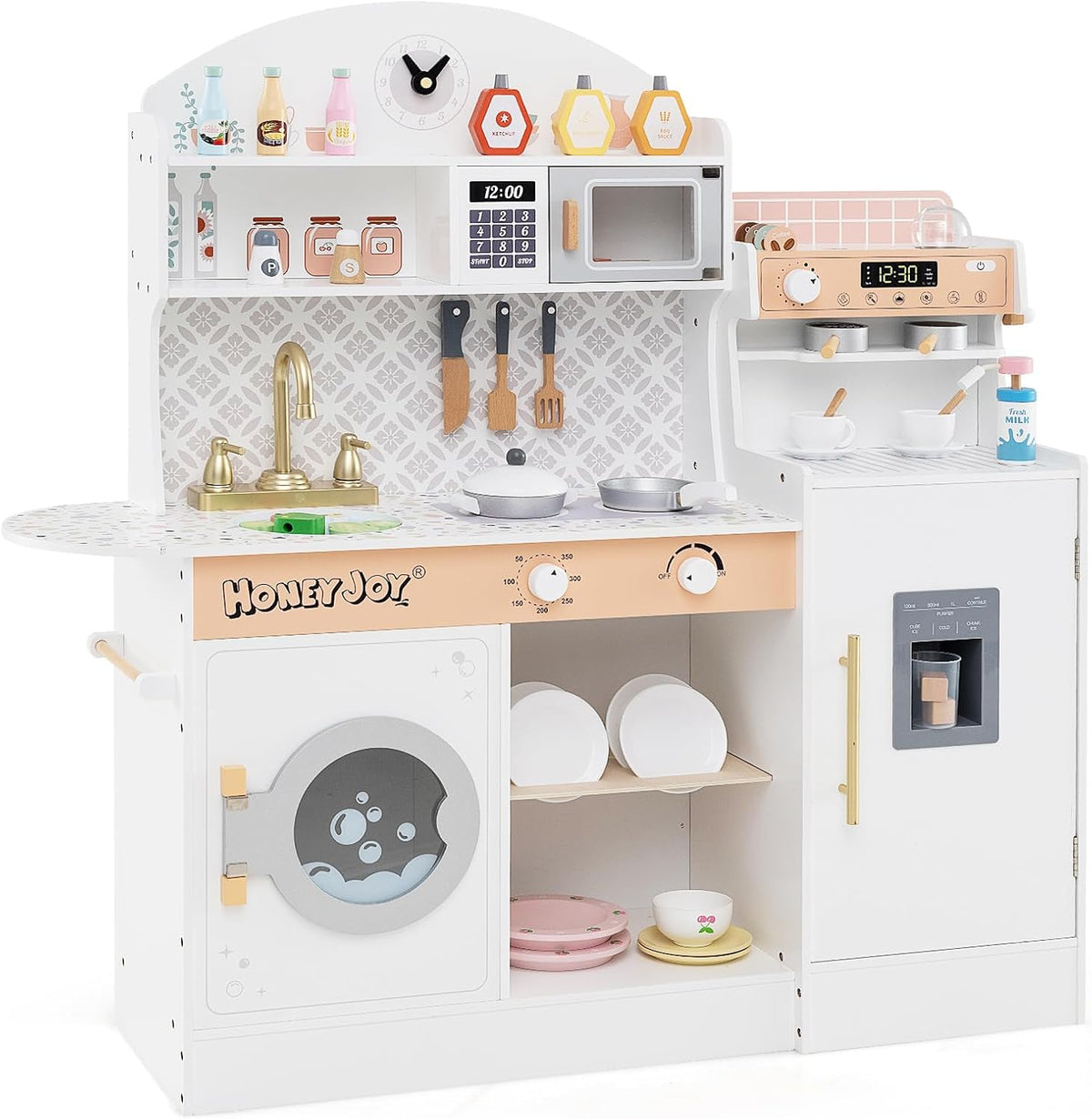 Kids Kitchen Playset, Wooden Pretend Play Kitchen w/Clock, Microwave, Sink, Dish Rack, Washing Machine, Ice & Coffee Makers
