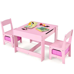 Kids Table & Chairs Set, 3-in-1 Wooden Toddler Activity Table with Storage, Reversible Tabletop & Blackboard for Art Craft, Drawing, Playroom