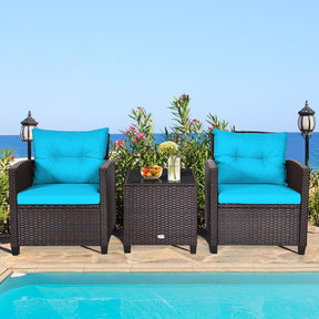 3 Pieces Patio Lounge Set, PE Rattan Wicker Outdoor Sofa Set w/Washable Cushion and Tempered Glass Tabletop