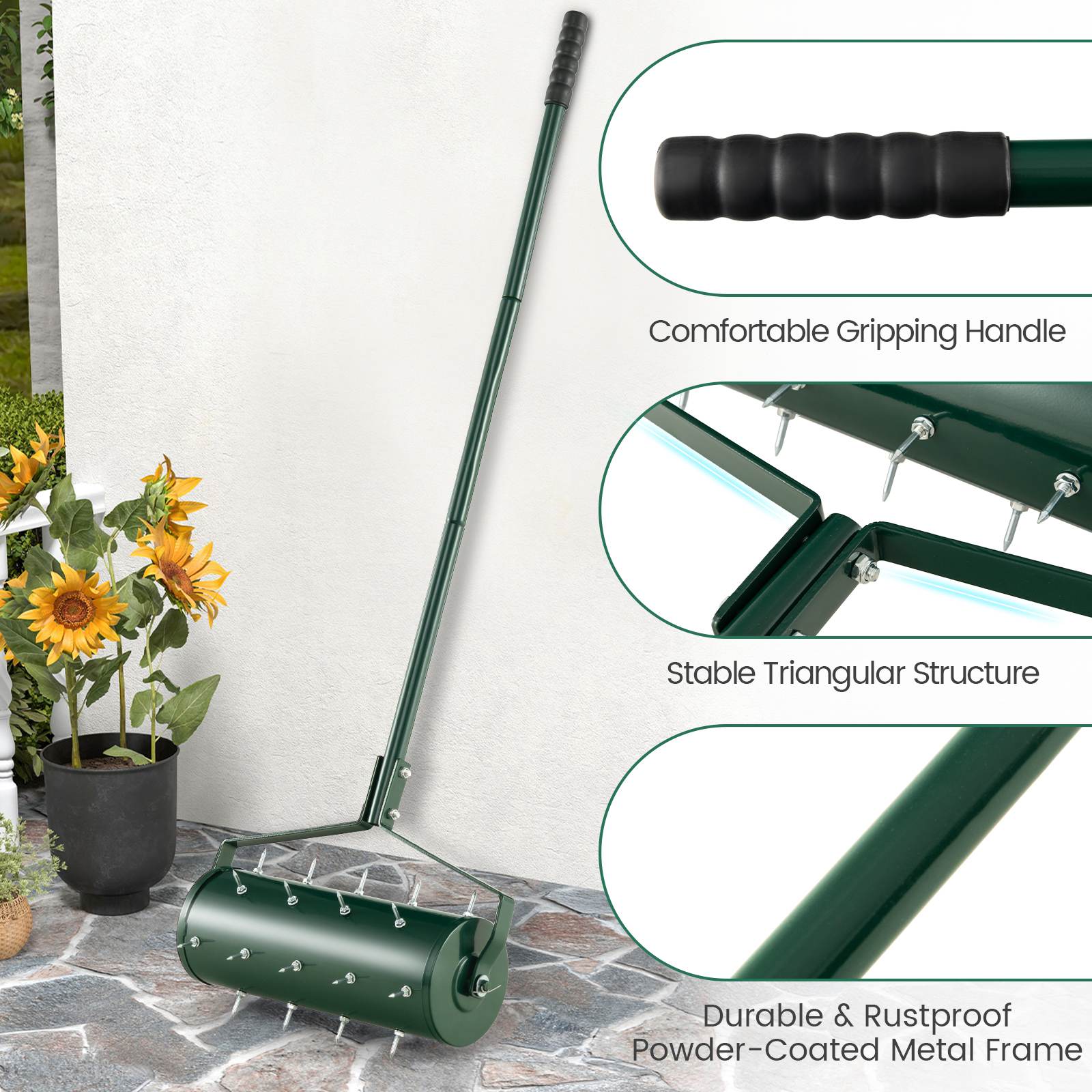 Heavy-Duty Rolling Aerator w/ Lawn Soil Penetrating Spikes & 130 cm Handle