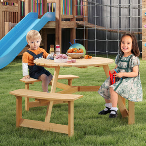 Kids Outdoor Wooden Picnic Table and Bench Set w/ Umbrella Hole, 6 Person Activity Dining Table