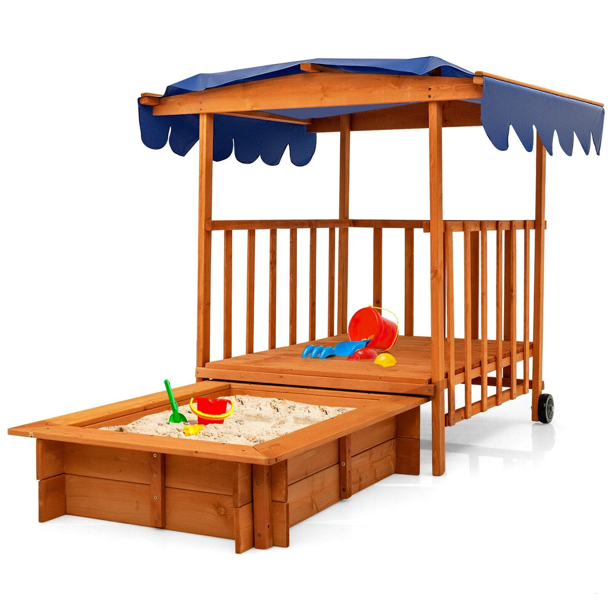 Kids Outdoor Wooden Retractable Sandbox with Cover and Built-in Wheels