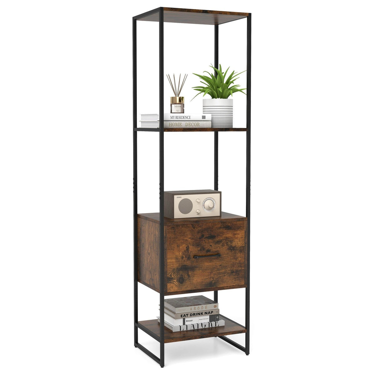 5-Tier Bookshelf with Drawer Tall Narrow Bookcase