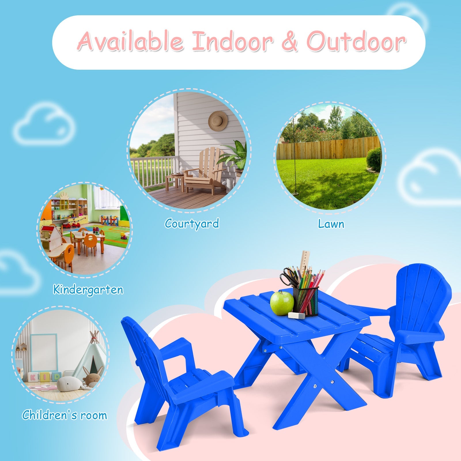 Kids Plastic Table with 2 Adirondack Chairs Set