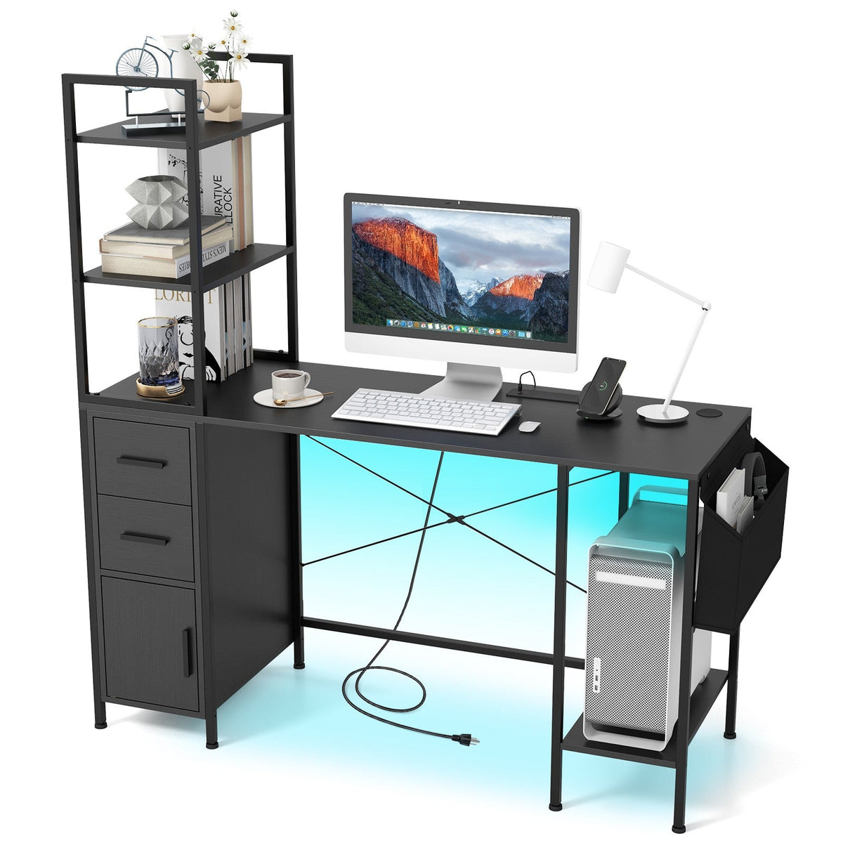 Office Desk w/ LED Light & Power Outlets Computer Desk