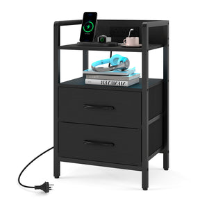 Nightstand with Charging Station, RGB LED Lights, 2 Fabric Drawers