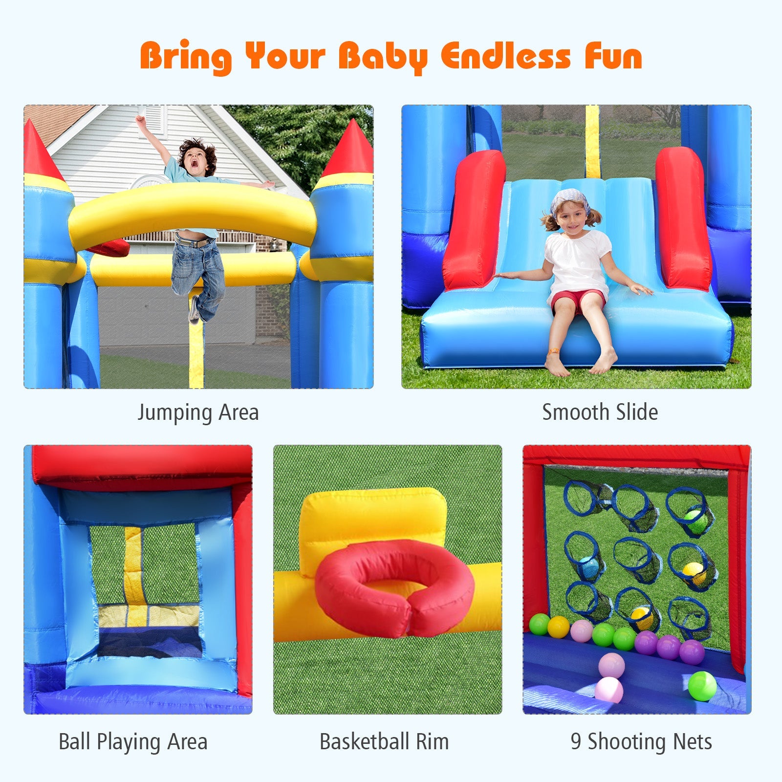 Multifunctional Inflatable Bounce House, Kids Jumper Bouncer for Backyard, Indoor & Outdoor Use