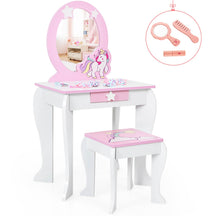 HONEY JOY Kids Vanity Set with Mirror, 2 in 1 Wooden Princess Makeup Dressing Table, TOP 50 Bonus Trinkets Set