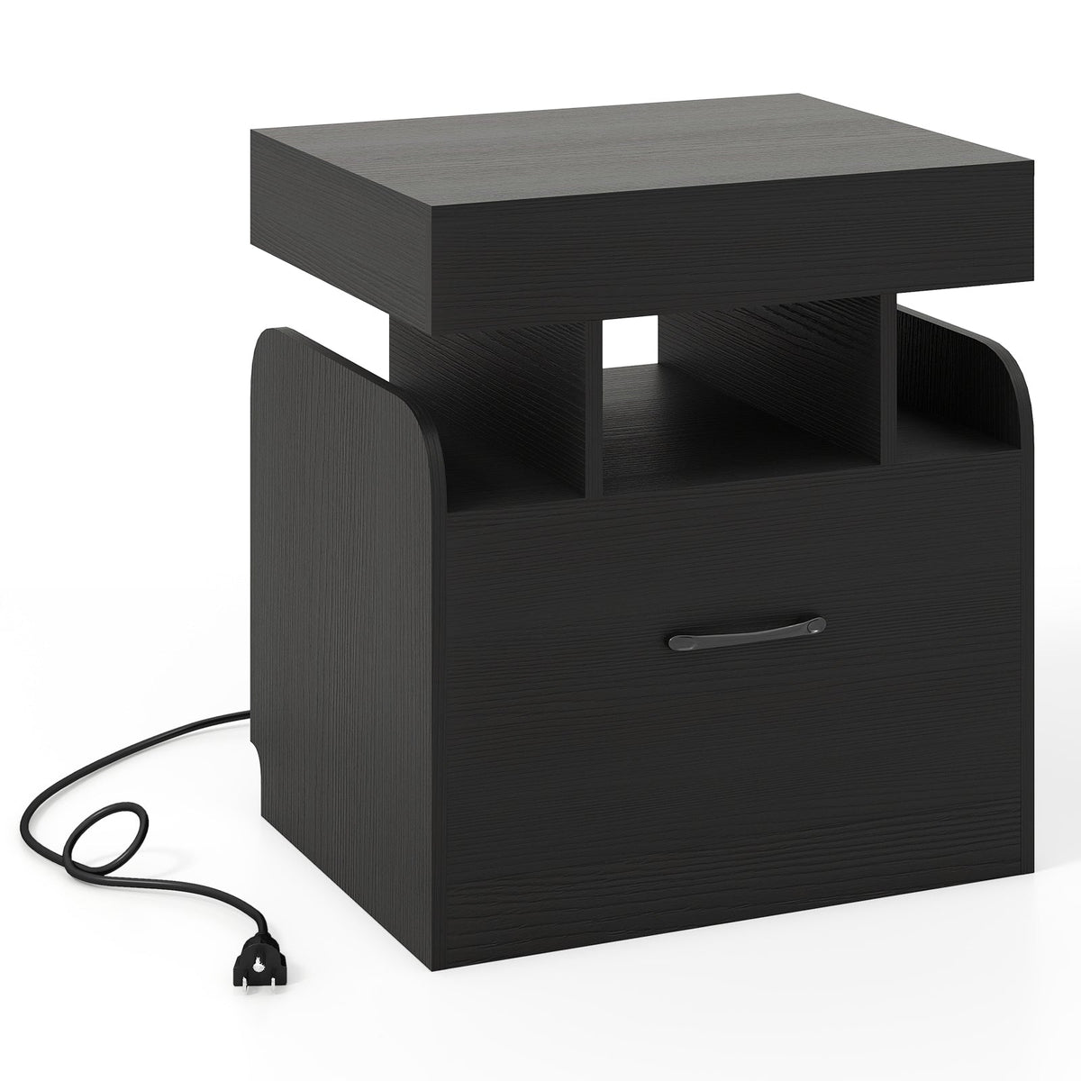 Nightstand with Charging Station, Bedside Table with Drawer & Sliding Top Storage