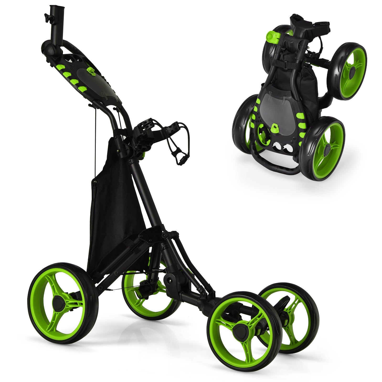 4 Wheel Adjustable Golf Push Cart, Lightweight Folding Golf Trolley Roller w/Cup