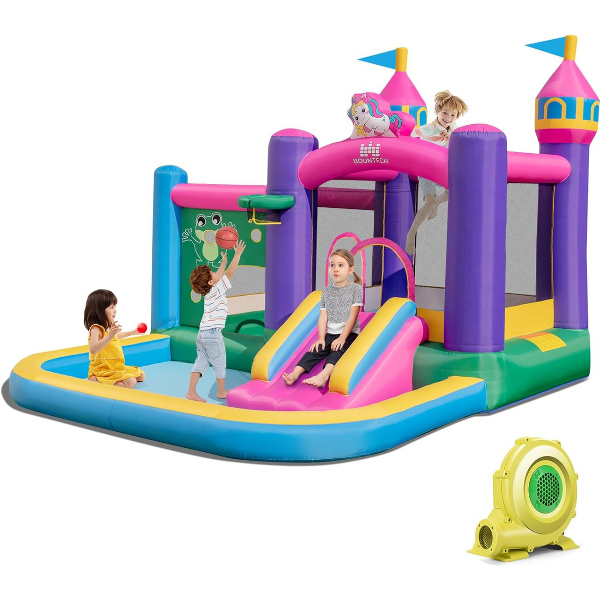 HONEY JOY Inflatable Bounce House, Colorful Kids Jumping Castle with Slide, Ball Pit Pools