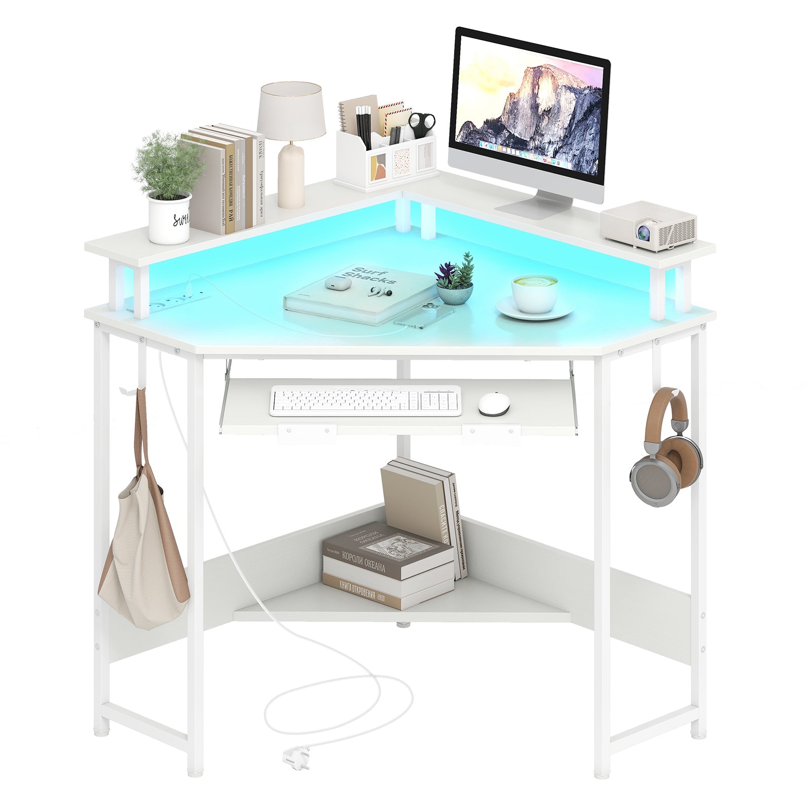 Corner Desk w/ Charging Station, Home Triangle Gaming Desk w/ LED