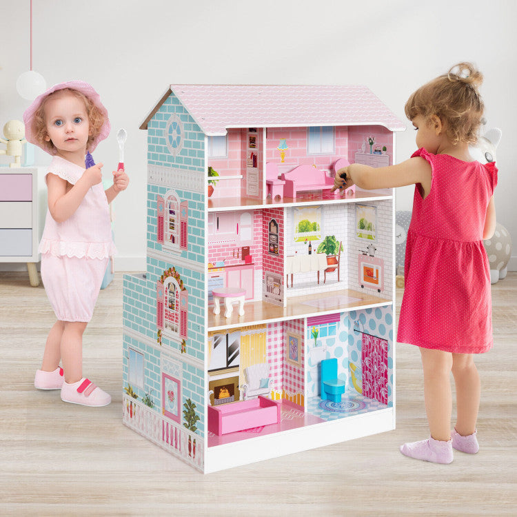 2-In-1 Double Sided Kids Pretend Kitchen Playset and Dollhouse with 6 Furniture