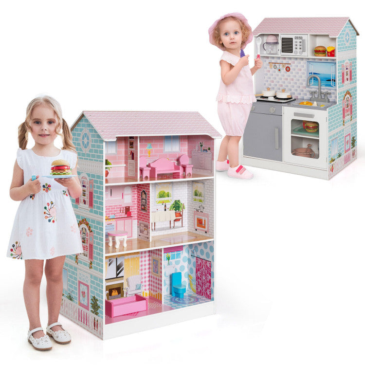 2-In-1 Double Sided Kids Pretend Kitchen Playset and Dollhouse with 6 Furniture