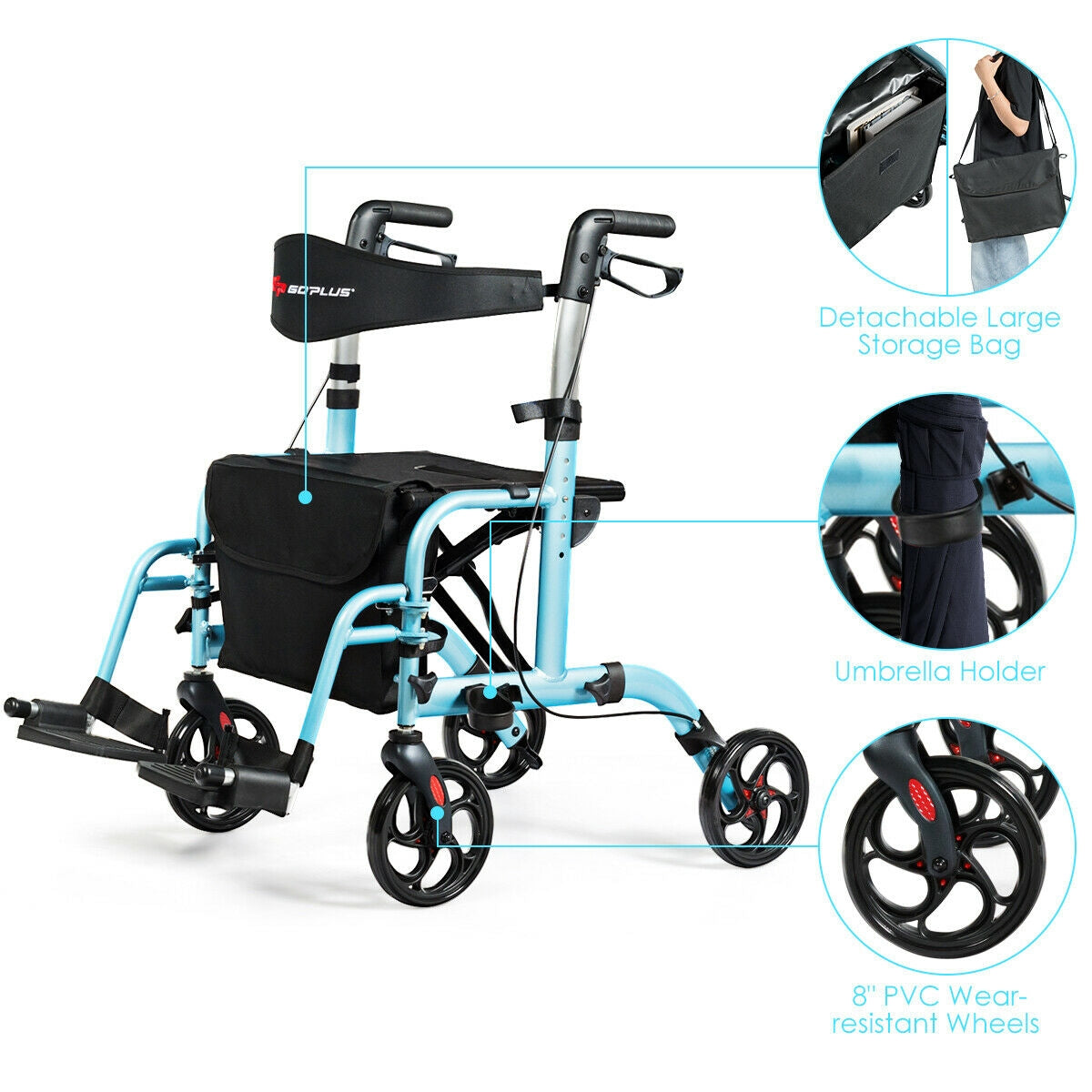 2-in-1 Adjustable Folding Handle  Mobility Rollator Walker with Storage Space