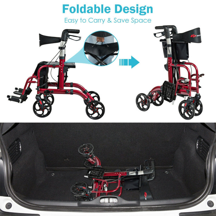 2-in-1 Adjustable Folding Handle  Mobility Rollator Walker with Storage Space