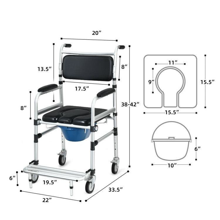 2-in-1 Aluminum Commode Shower Wheelchair with Locking Casters