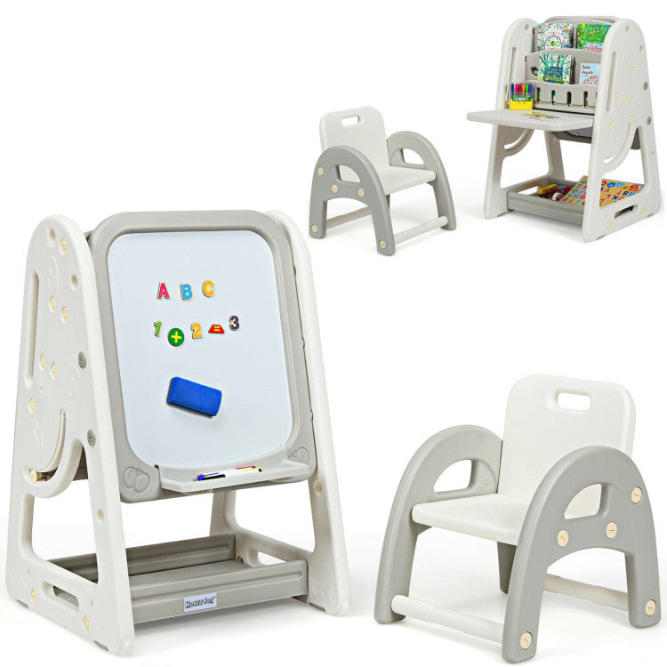 2-in-1 Folding Kids Art Easel Desk Chair Set with Adjustable Art Painting Board