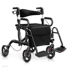 2-in-1 Folding Rollator Walker Transport Wheelchair with Detachable Storage Bag and Height Adjustable Handle